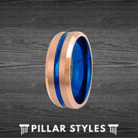8mm Rose Gold Wedding Band with Blue Groove Mens Tungsten Ring - Rose Gold Ring