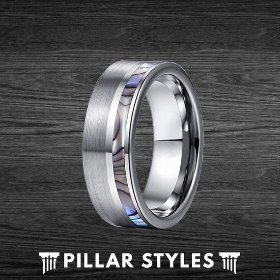 8mm Offset Abalone Shell Tungsten Mens Wedding Band - Pillar Styles