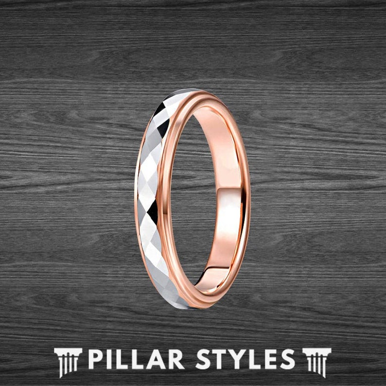 4mm Thin Rose Gold Ring Silver Faceted Womens Ring Tungsten Wedding Band - Pillar Styles