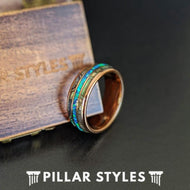 18K Rose Gold Ring Blue Opal Wedding Band with Abalone Shell 8mm Tropical Mens Wedding Bands Tungsten Ring