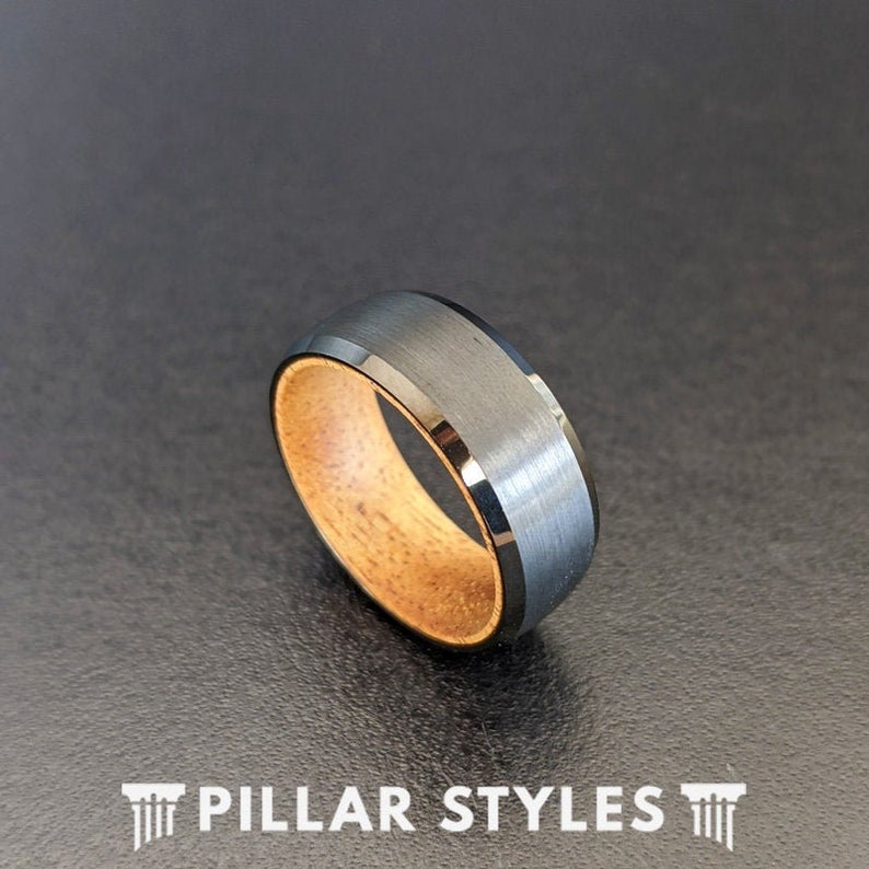 Hawaiian Koa Wood Ring Mens Wedding Band Black Tungsten Ring 8mm Wooden Rings for Men