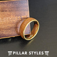 14K Gold Ring Mens Wedding Band Whiskey Barrel Ring - 8mm Yellow Gold Tungsten Ring with Wood Inlay Rustic Bourbon Barrel Rings for Men