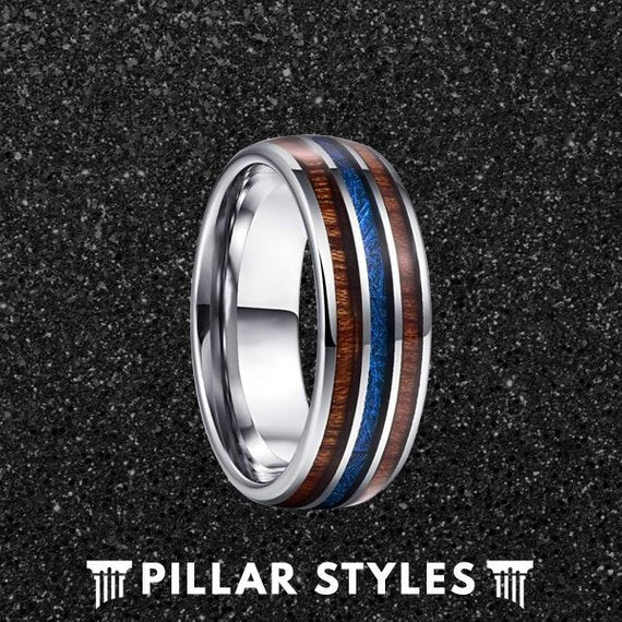 Hawaiian Koa Wood Ring with Blue Meteorite Mens Ring - Tungsten Meteorite Ring for Men - Pillar Styles