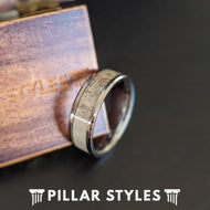 8mm Silver Deer Antler Tungsten Ring Mens Wedding Band - Unique Deer Antler Ring with Beveled Edges