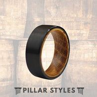Mens Whiskey Barrel Ring 8mm Black Tungsten Wedding Band Mens Ring - Whiskey Barrel Wood Ring - Pillar Styles