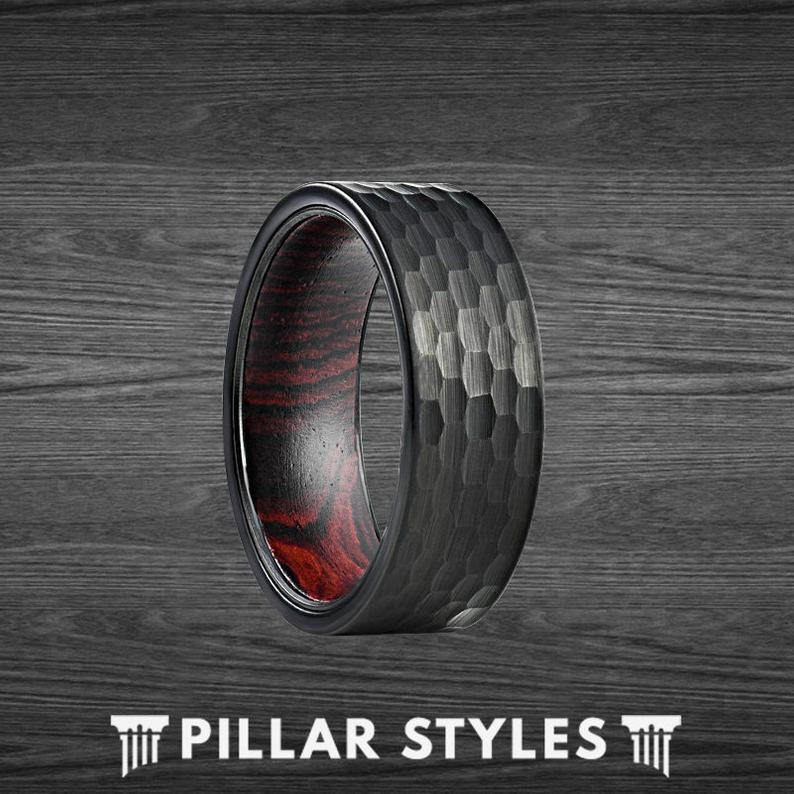 Exotic Wenge Wood Ring Black Tungsten Ring Mens Wedding Band 8mm Hammered Ring - Pillar Styles