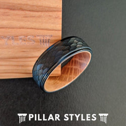 Black Whiskey Barrel Ring Mens Wedding Band Hammered Ring with Step Edges Tungsten Ring - Pillar Styles