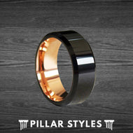 18K Rose Gold Ring with Polished Black Tungsten - Pillar Styles