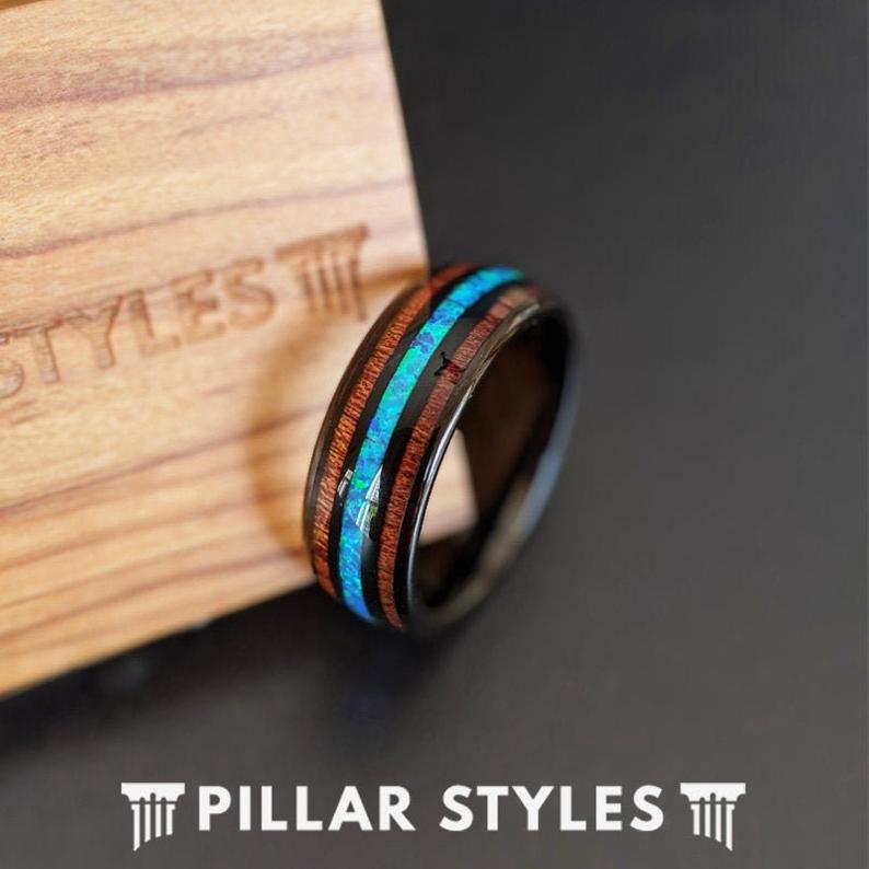 Blue Opal Ring Mens Wedding Band Wooden Ring 8mm Black Tungsten Ring with Koa Wood Inlay