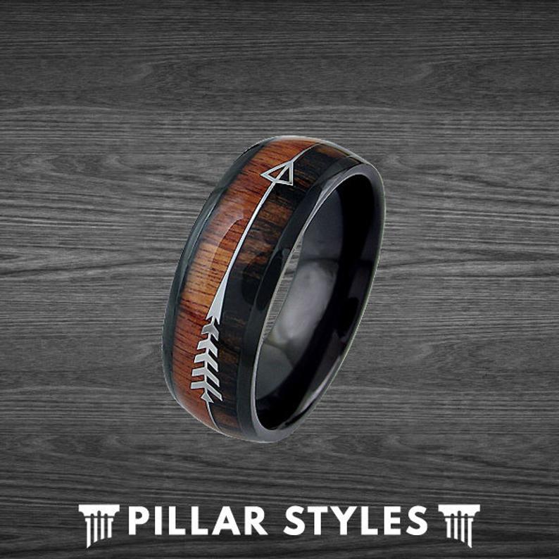 Exotic Black Tungsten Koa Wood Ring Mens Wedding Band - Pillar Styles