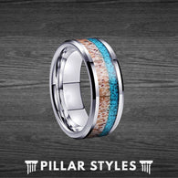 Mens Turquoise Ring with Antler Inlay, 8mm Mens Wedding Band Tungsten Ring - Pillar Styles