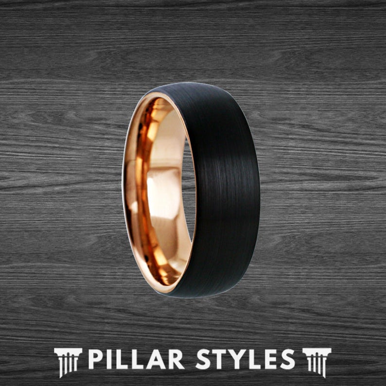 8mm/6mm Black & 18K Rose Gold Ring Mens Wedding Band Tungsten Ring - Pillar Styles