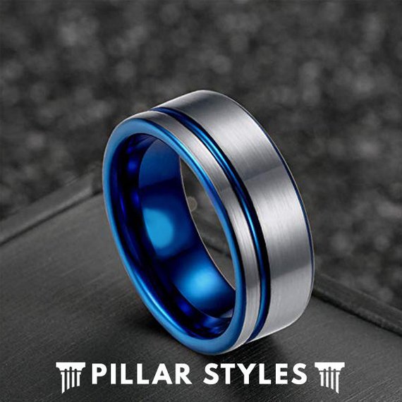 Silver Tungsten Wedding Band with Groove Blue Mens Wedding Band - Pillar Styles