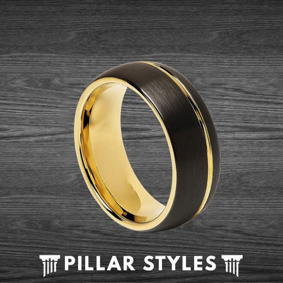 8mm 14K Yellow Gold Ring Tungsten Wedding Band - Pillar Styles