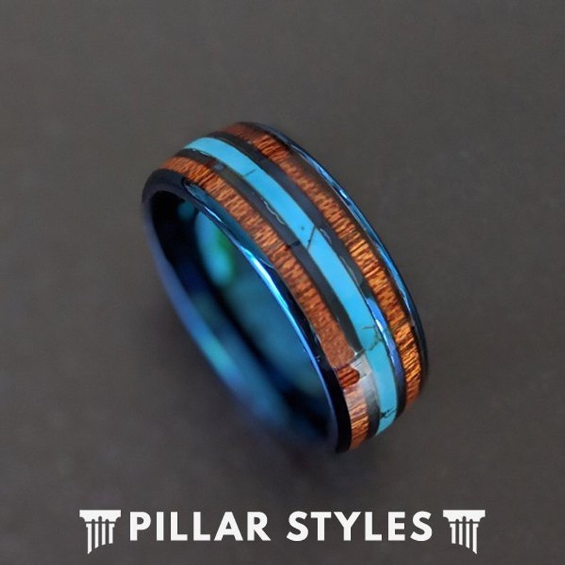 Blue Tungsten Wedding Band with Turquoise & Koa Wood Ring - Pillar Styles