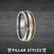 Silver Mother of Pearl Ring Tungsten Wood Wedding Band Mens Ring - 8mm Unique Wooden Ring - Pillar Styles