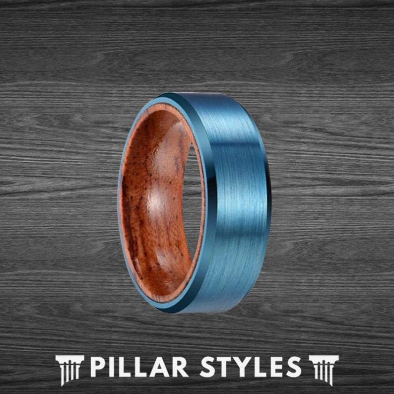 Blue Tungsten Ring with Koa Wood Inlay
