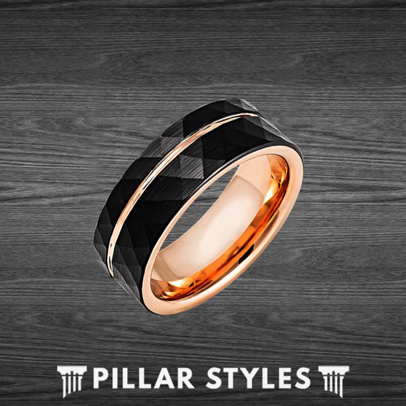 Men Tungsten Black & Rose Goldtone Wedding Band Hammered Eternity