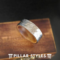 Hammered Wood Ring Mens Wedding Band Silver Tungsten Ring - 8mm Wood Wedding Rings for Men