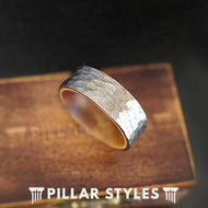 Silver Hammered Ring Mens Wedding Band Wood Ring - 8mm Hawaiian Koa Wood Ring Tungsten Wedding Rings with Wooden Inlay
