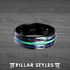 Black Tungsten Abalone Ring - Unique Green Opal Ring - Abalone Shell & Blue Opal Mens Ring - Pillar Styles