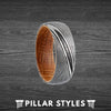 Damascus Steel Ring with Whiskey Barrel Wood Inner Sleeve - 8mm Whiskey Barrel Ring for Men - Pillar Styles
