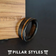 Black Whiskey Barrel Ring Mens Wedding Band Tungsten Ring Offset Inlay - Pillar Styles