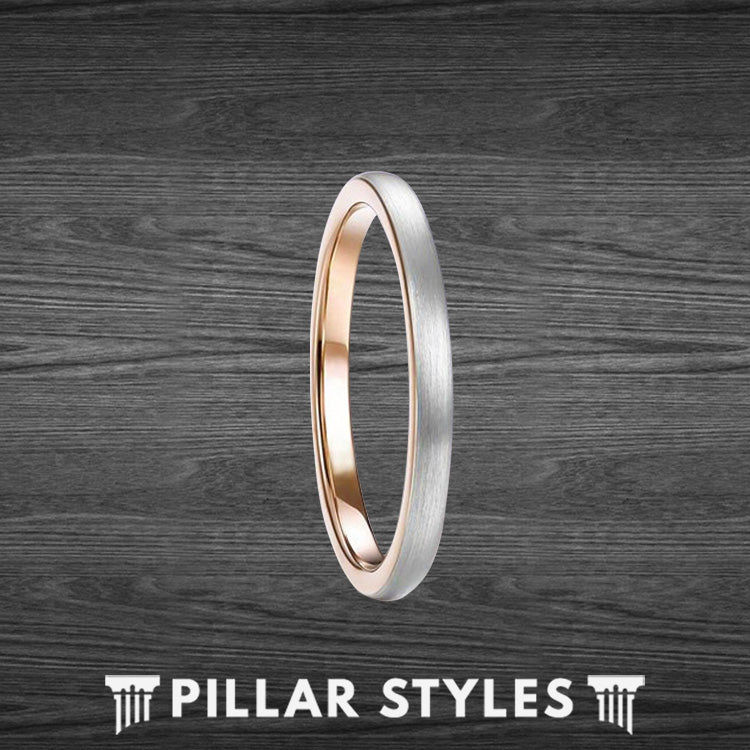 Silver & Rose Gold Tungsten Wedding Bands - Pillar Styles