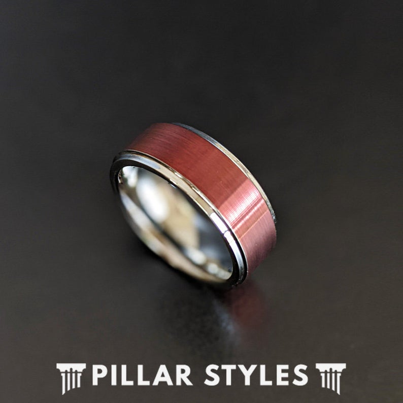 Deep Red Mens Wedding Band Silver Tungsten Ring with Step Edges - 8mm ...