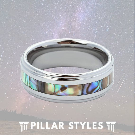 Mens Wedding Band Tungsten Abalone Shell Ring Unique Wedding Ring ...