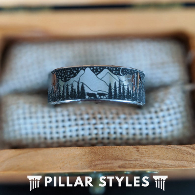 Nature Ring Mens Wedding Band Wood Ring with Forest Trees - Unique Tun–  Pillar Styles