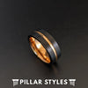 18K Rose Gold Wedding Band Mens Black Ring with Rose Gold Groove & Flat Finish - Pillar Styles