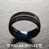 Blue Tungsten Wedding Band with Turquoise & Koa Wood Ring - Pillar Styles