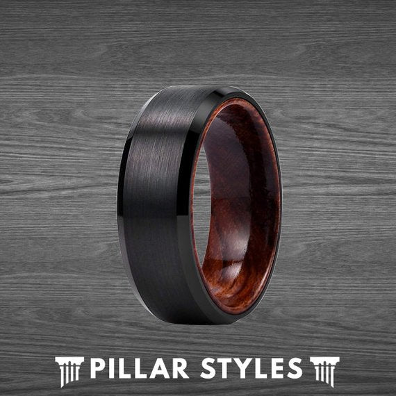 Black Tungsten Wedding Band Mens Ring with Koa Wood Sleeve - Wood Rings for Men - Pillar Styles