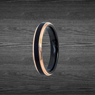 4mm Black & 18K Rose Gold Wedding Band Womens Ring with Step Edges, Thin Tungsten Ring