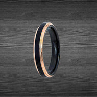 4mm Black & 18K Rose Gold Wedding Band Womens Ring with Step Edges, Thin Tungsten Ring
