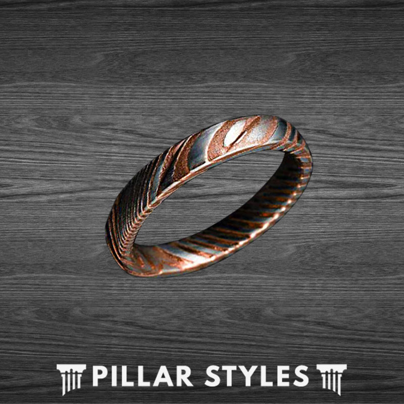 4mm Thin Damascus Ring Rose Gold Wedding Band Mens Ring Unique Damascus Steel Rings for Men 18K Rose Gold Ring