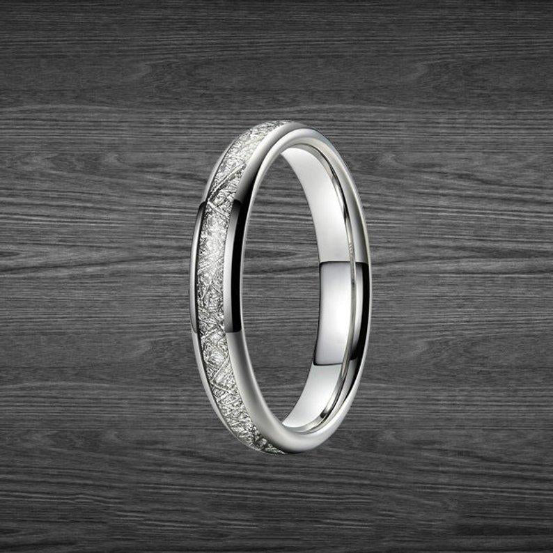 4mm Meteorite Ring Tungsten Wedding Band Womens Ring - Silver Meteorite Wedding Rings for Women