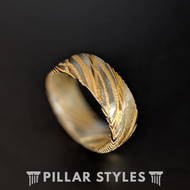 14K Gold Damascus Ring Mens Wedding Band - Damascus Steel Ring Mens Gold Ring - Pillar Styles