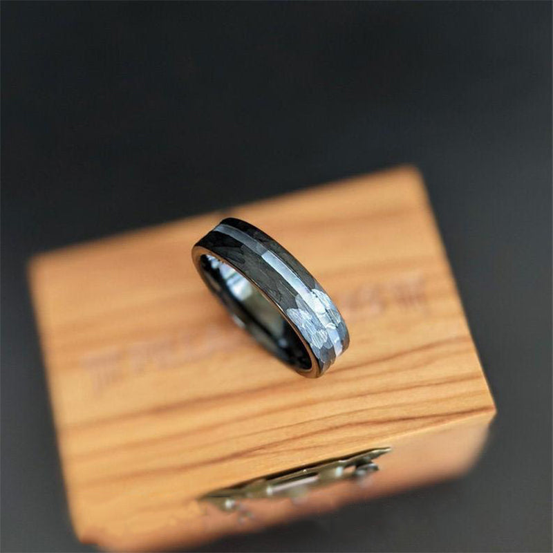 6mm Black Hammered Ring Mens Wedding Band Mother of Pearl Ring Thin Tungsten Ring for Men