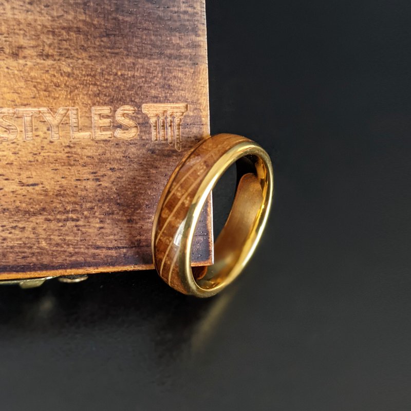 14K Gold Ring Bourbon Barrel Wood Ring 6mm Tungsten Mens Wedding Band Whiskey Barrel Ring