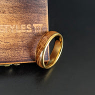 14K Gold Ring Bourbon Barrel Ring 6mm Tungsten Mens Wedding Band Whiskey Barrel Ring - Thin Gold Wedding Band Wood Rings for Men
