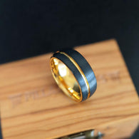 8mm Black and Yellow Gold Wedding Band Tungsten Ring - Mens Gold Ring with Offset Groove