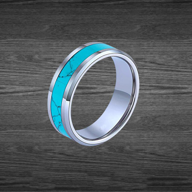 Silver Turquoise Ring Mens Wedding Band Tungsten Ring 8mm/6mm Unique Turquoise Engagement Rings for Couples