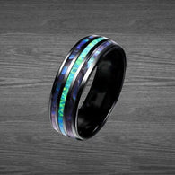 8mm Tungsten Black Wedding Band Mens Abalone Opal Ring