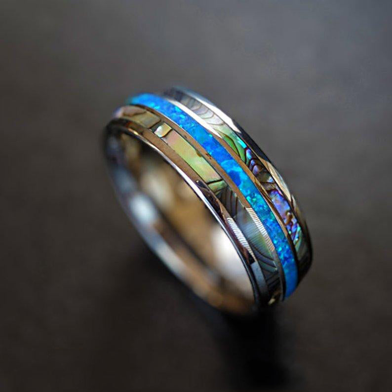 Blue Opal Ring Mens Wedding Band Abalone Ring 8mm/6mm Tropical