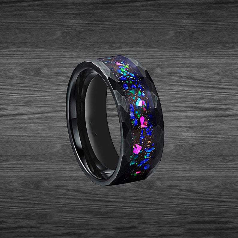 Blue Opal Ring Mens Wedding Band Tungsten Ring, Black Hammered Ring Opal Wedding Band