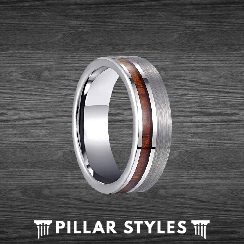 8mm Silver Tungsten Ring Mens Wedding Band Offset Koa Wood Inlay Mens Ring Wooden Rings for Him