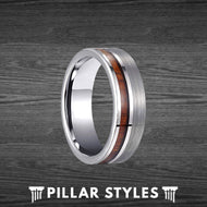8mm Silver Tungsten Ring Mens Wedding Band Offset Koa Wood Inlay Mens Ring - Wooden Rings for Him - Pillar Styles
