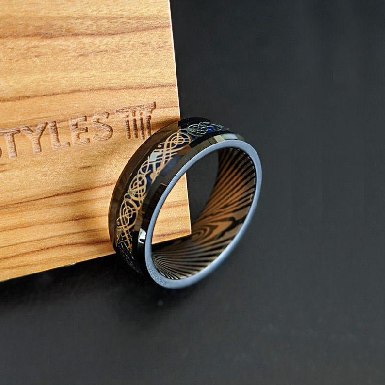 Damascus Ring Mens Wedding Band Dragon Ring, Norse Black Tungsten Ring Gothic Wedding Ring